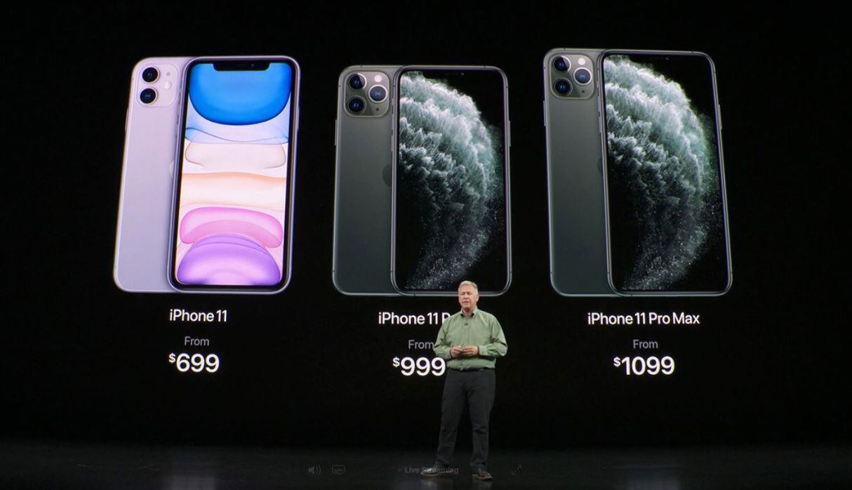 Los precios del iPhone 11, al final de su presentación en el auditorio Steve Jobs. (Foto: Captura)