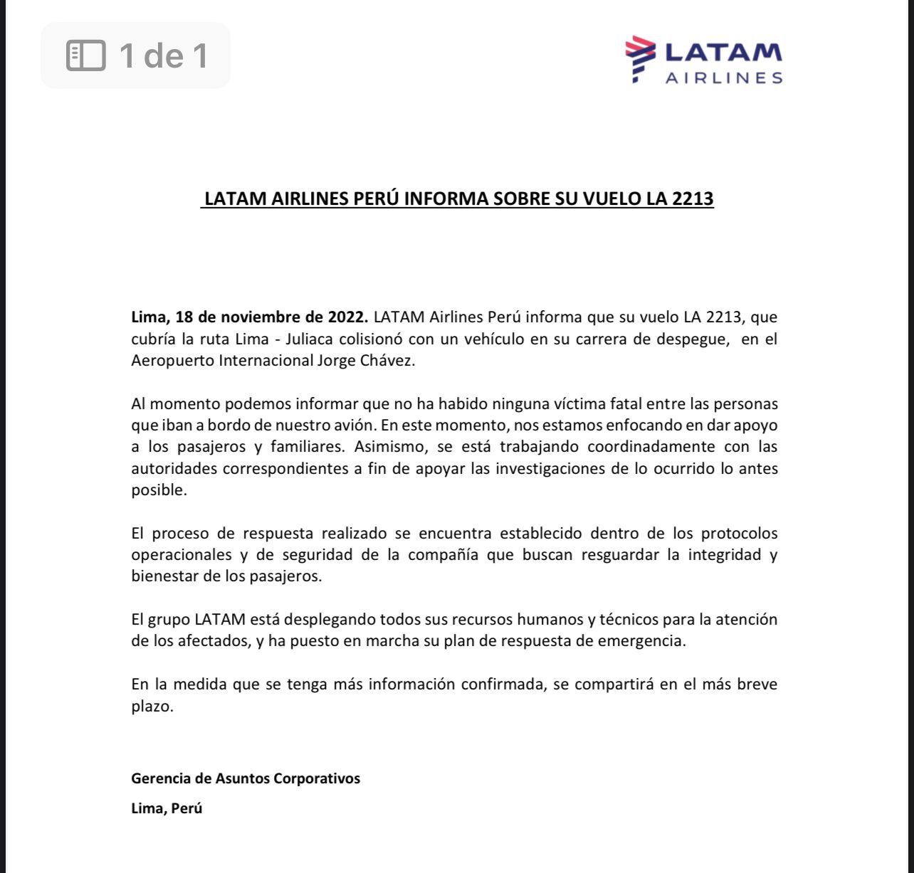 Comunicado oficial de LATAM