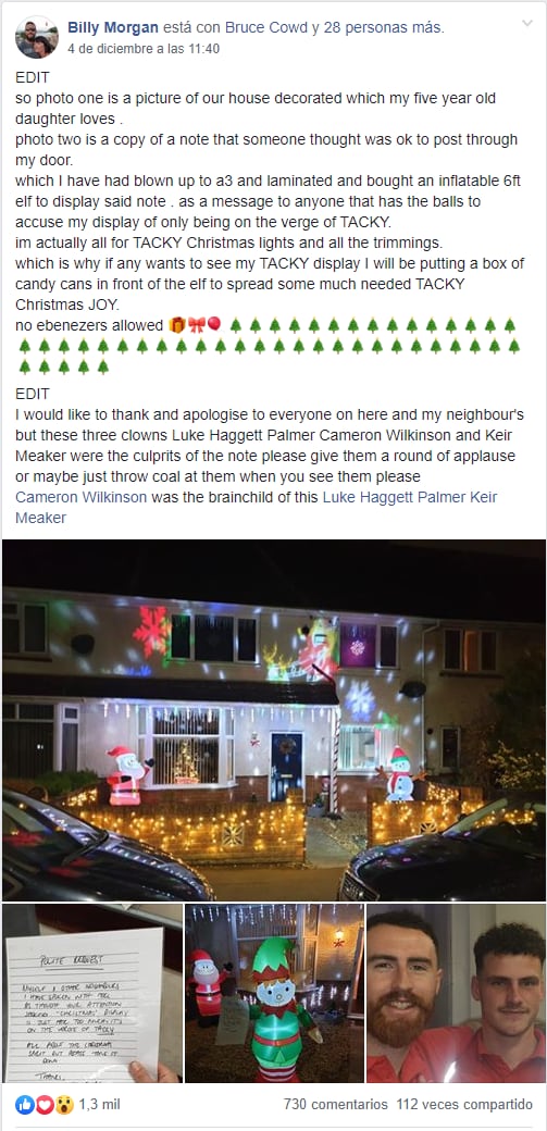 Billy Morgan respondió al pedido de sus vecinos de "bajarle el tono" a su decoración de Navidad usando muchas más luces de las que tenía. (Foto: Facebook)
